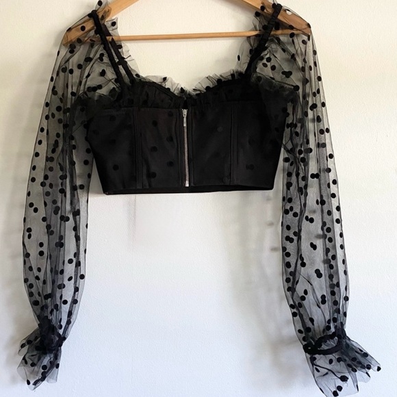 RNWY Sheer Polka Dot Crop Bustier Corset back zip Top | Chloe in Black Spot - Picture 5 of 11
